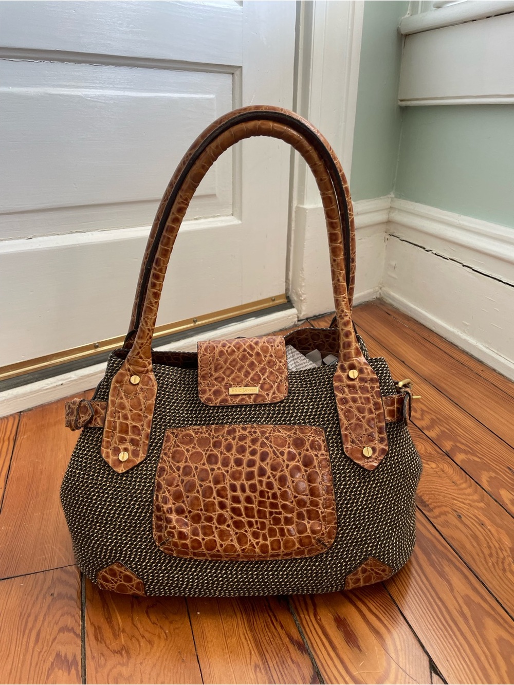 ERIC JAVITS woven Raffia Straw Shoulder Bag with Croc Embossed Leather Trim